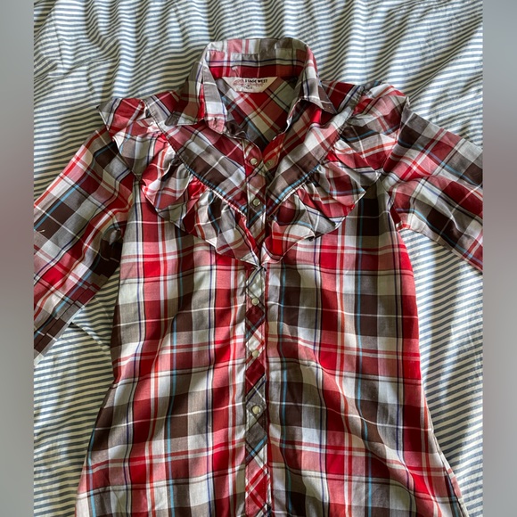 Vintage Stage West by Prior Western Plaid Button Down Shirt with Ruffle Detail - Picture 2 of 13